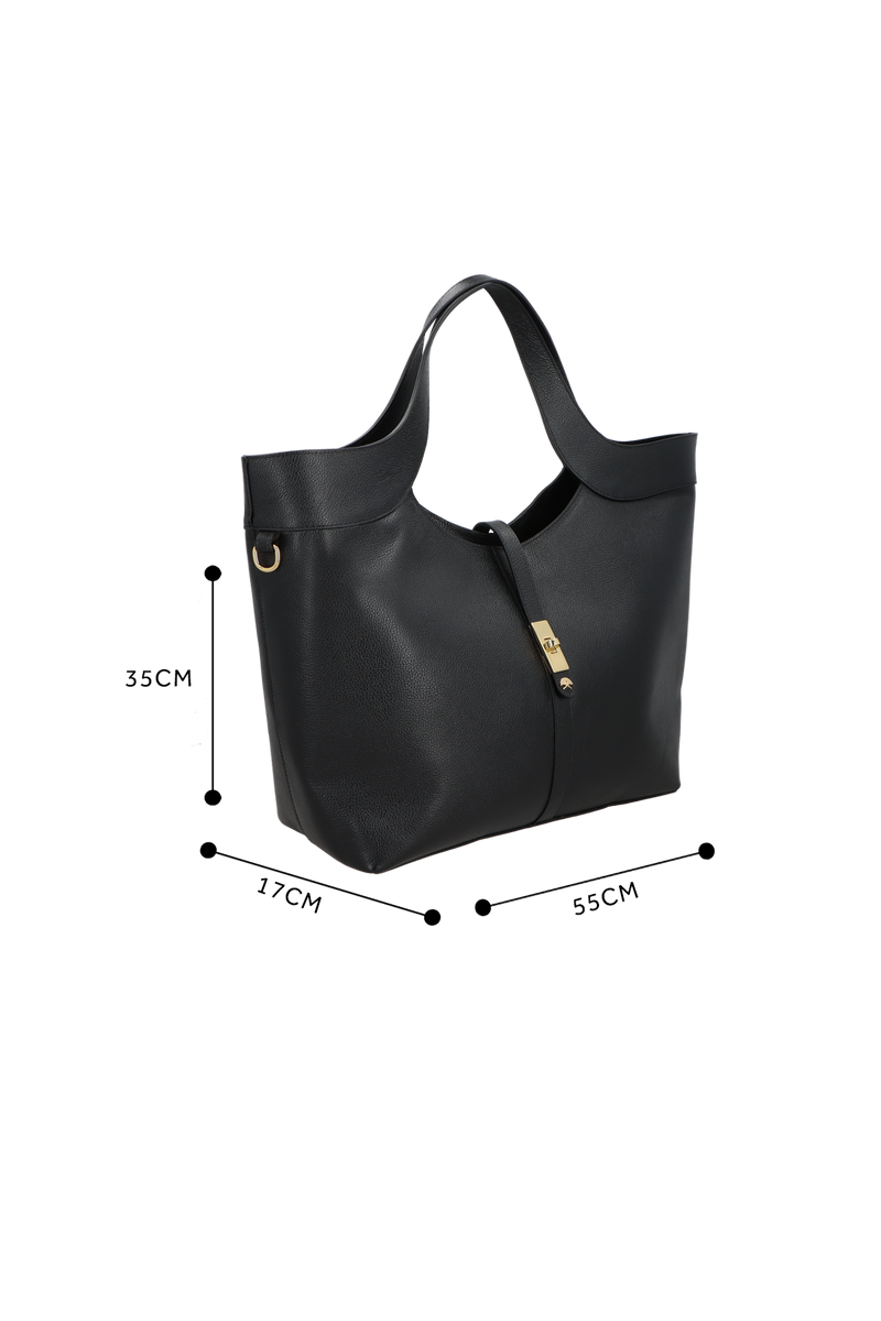 BOLSA GRANDE EM COURO PRETO COM FECHO DOURADO