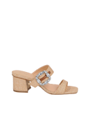 SANDÁLIA COM SALTO BLOCO MÉDIO EM PALHA NATURAL E FIVELA DE CRISTAL