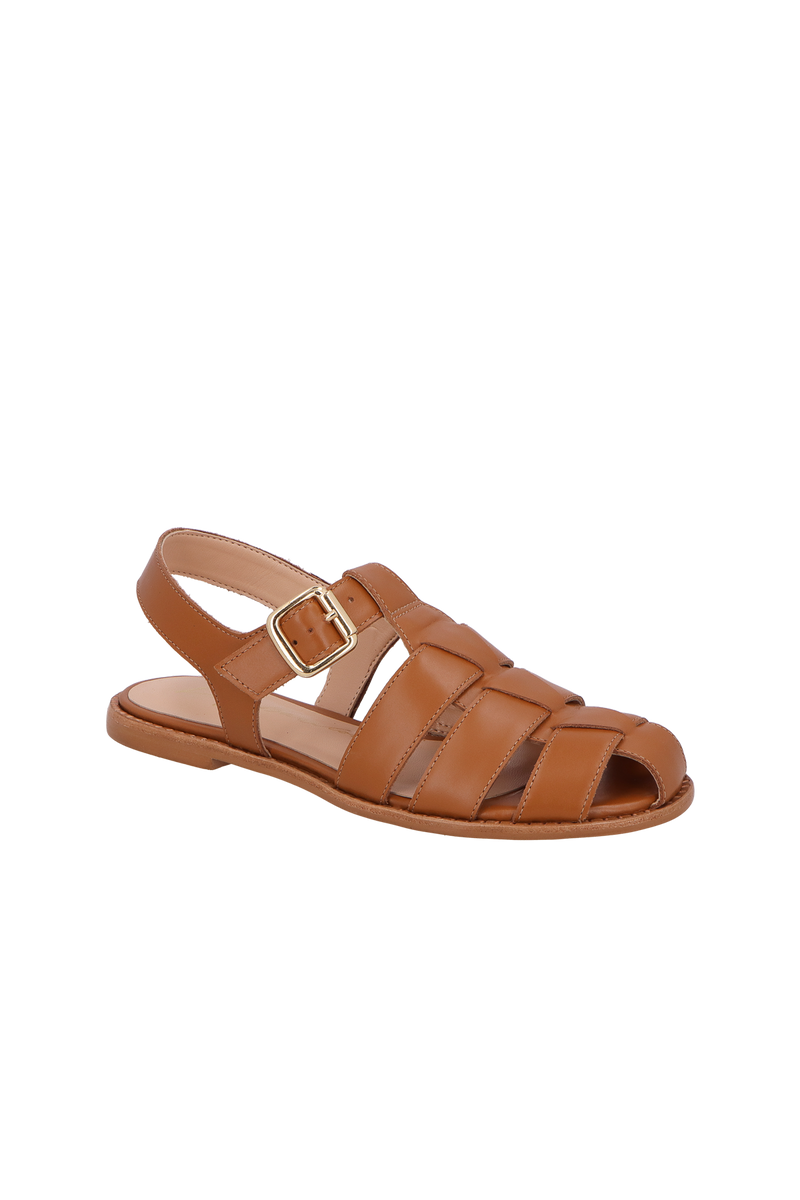 SANDÁLIA EM COURO CARAMELO COM TIRAS ENTRELAÇADAS