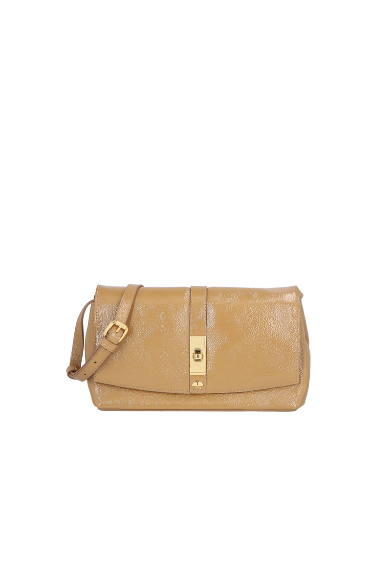 BOLSA CLUTCH PEQUENA EM COURO VERNIZ BEGE ARGILA