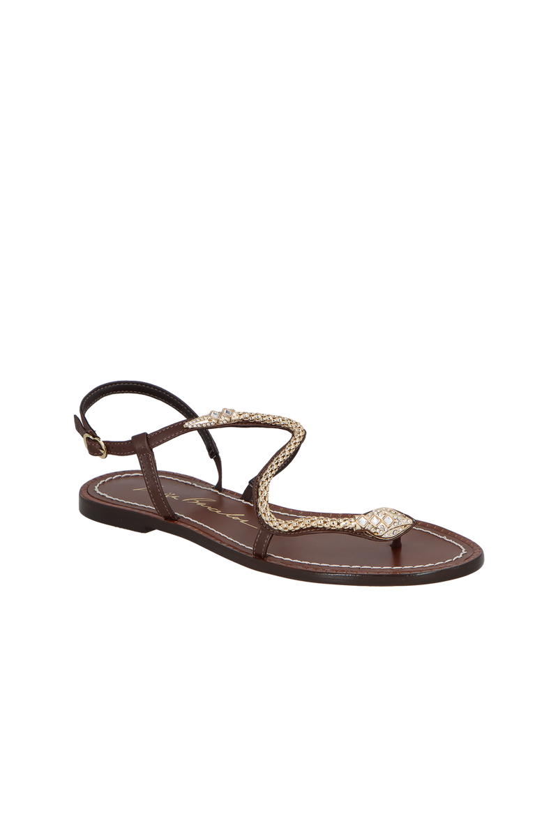 SANDÁLIA RASTEIRA EM COURO MARROM CAFÉ E SERPENTE OURO