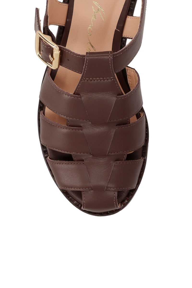 SANDÁLIA EM COURO MARROM CAFÉ COM TIRAS ENTRELAÇADAS