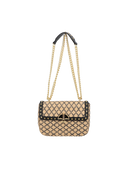 BOLSA MÉDIA EM COURO E PALHA PRETO COM ALÇA DE CORRENTE