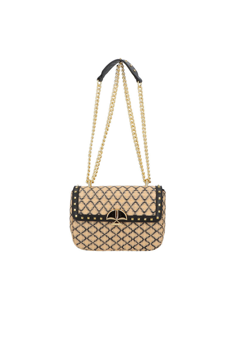 BOLSA MÉDIA EM COURO E PALHA PRETO COM ALÇA DE CORRENTE