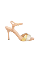 SANDÁLIA EM COURO MULTICOR COM SALTO FINO ALTO