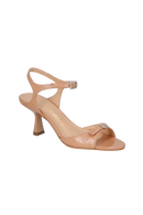 SANDÁLIA SALTO MÉDIO EM COURO VERNIZ BEGE BLUSH E FIVELA CRISTAL