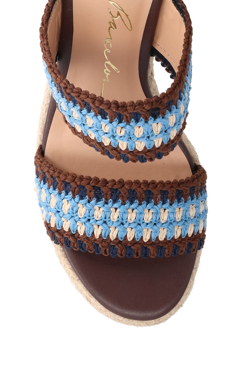 SANDÁLIA ANABELA EM CROCHET MULTICOR MARROM CAFÉ