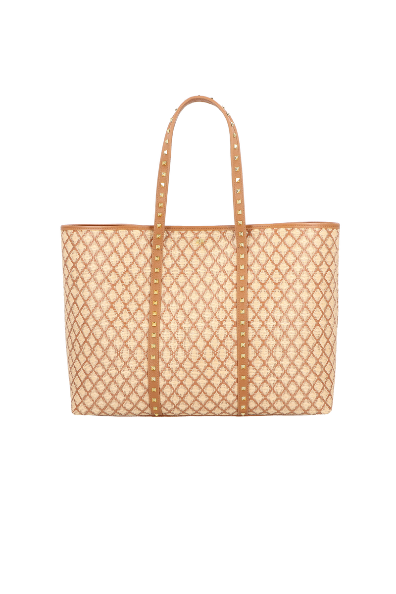 BOLSA SHOPPING GRANDE EM COURO CARAMELO E PALHA COM REBITES