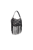 BOLSA MÉDIA EM COURO PRETO COM FRANJAS E APLICAÇÕES METÁLICAS