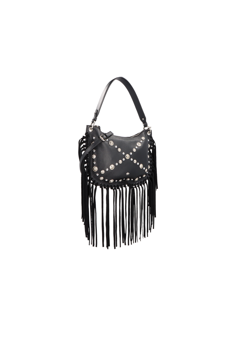 BOLSA MÉDIA EM COURO PRETO COM FRANJAS E APLICAÇÕES METÁLICAS