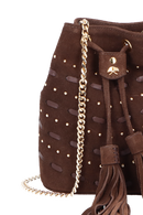 BOLSA BUCKET PEQUENA EM CAMURÇA MARROM CAFÉ COM DETALHES METÁLICOS