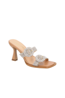SANDÁLIA SALTO ALTO EM COURO BEGE BLUSH COM TIRA DUPLA E FIVELA DE STRASS