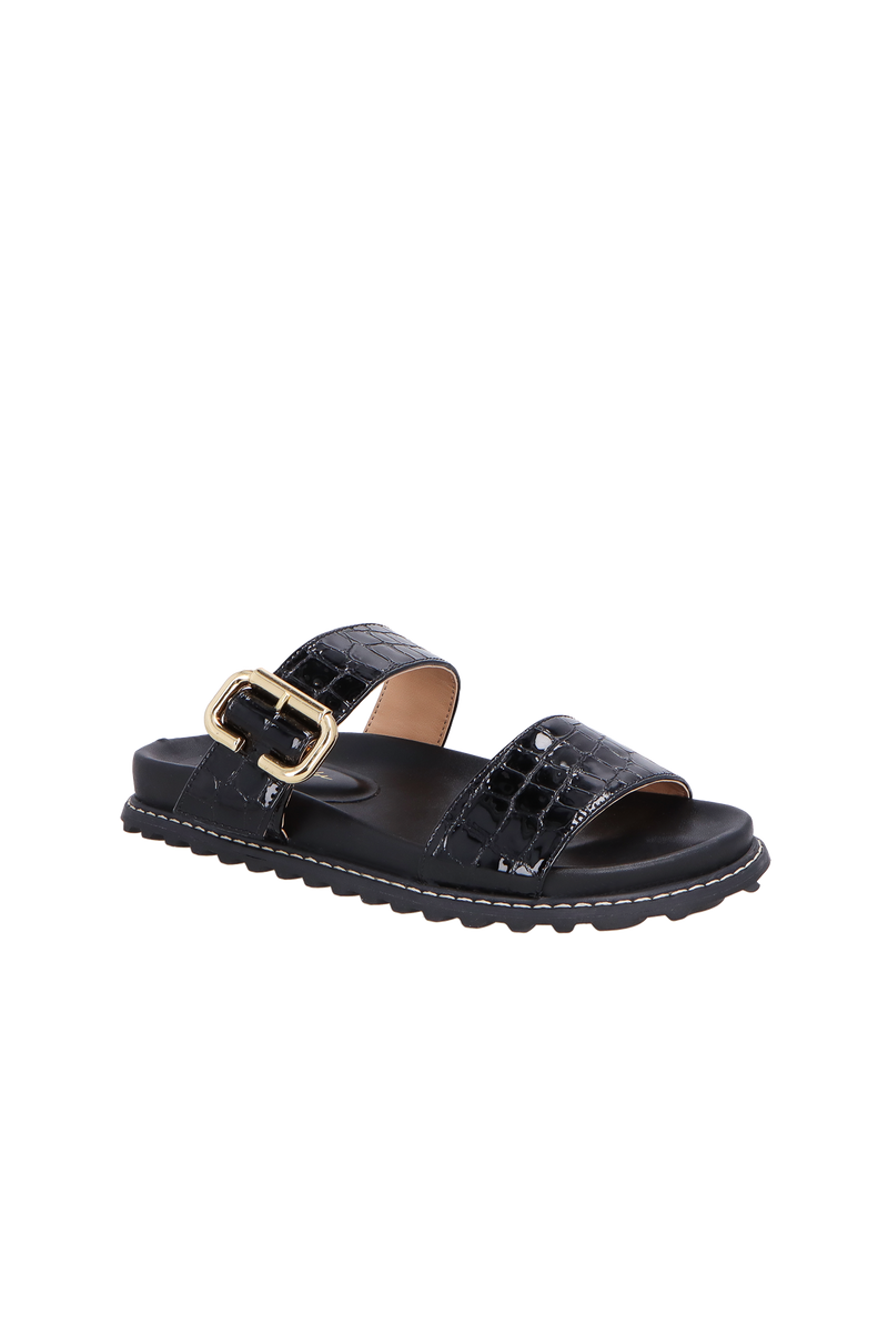 SANDÁLIA PAPETE EM VERNIZ CROCO PRETO COM FIVELA