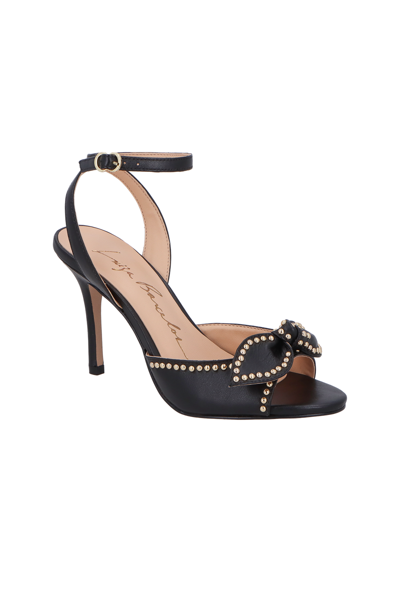 SANDÁLIA EM COURO PRETO COM LAÇO E SALTO ALTO FINO