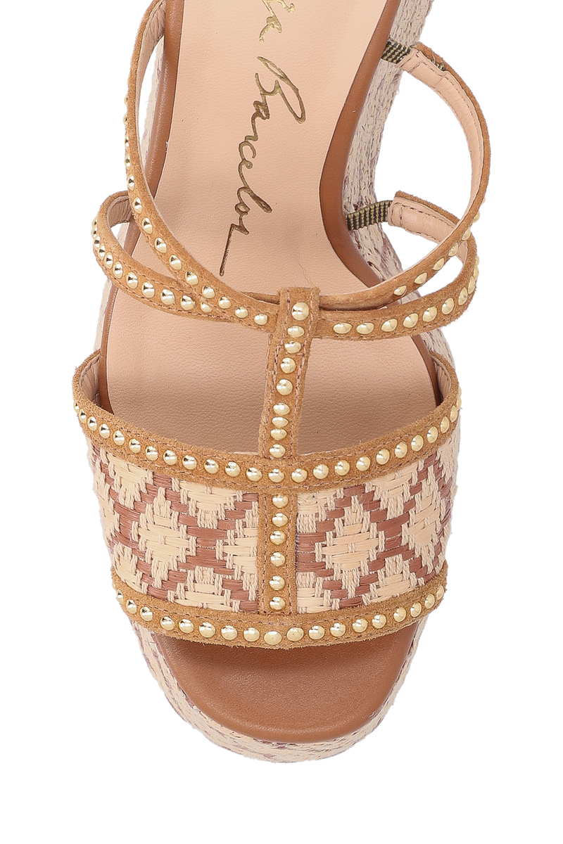 SANDÁLIA PLATAFORMA EM COURO CARAMELO E PALHA