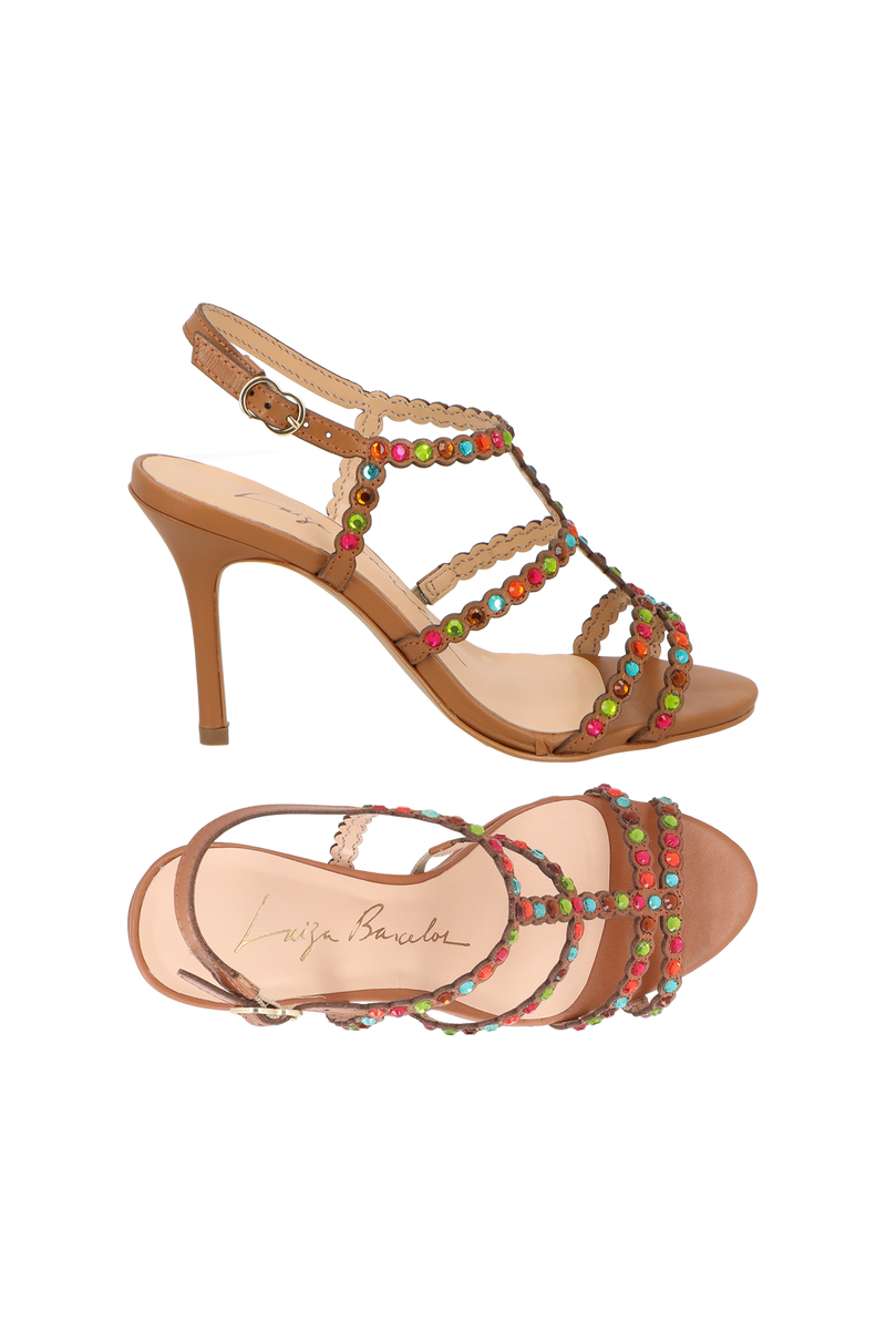 SANDÁLIA DE SALTO ALTO EM COURO CARAMELO COM APLICAÇÃO DE CRISTAIS