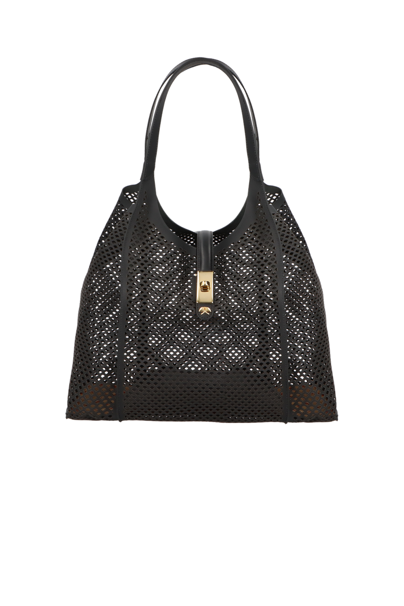 BOLSA TOTE GRANDE EM COURO PRETO COM RECORTES