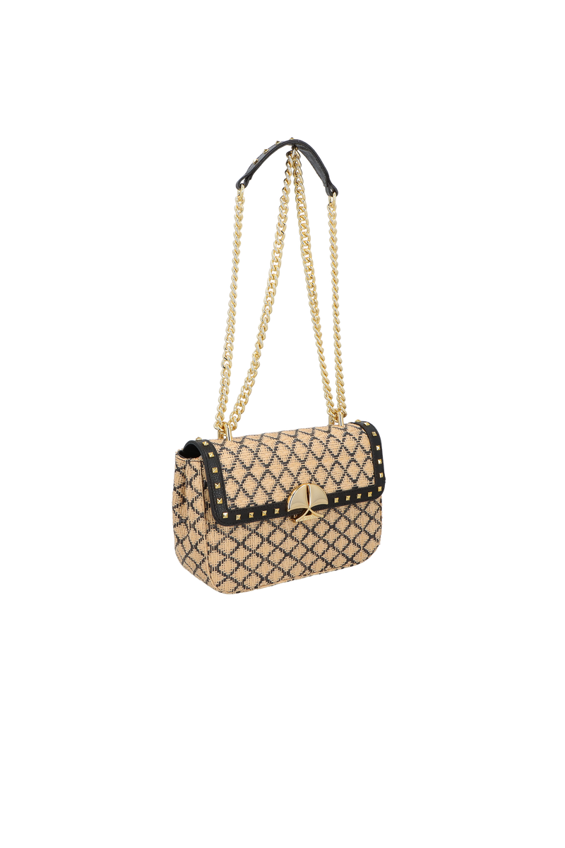 BOLSA MÉDIA EM COURO E PALHA PRETO COM ALÇA DE CORRENTE