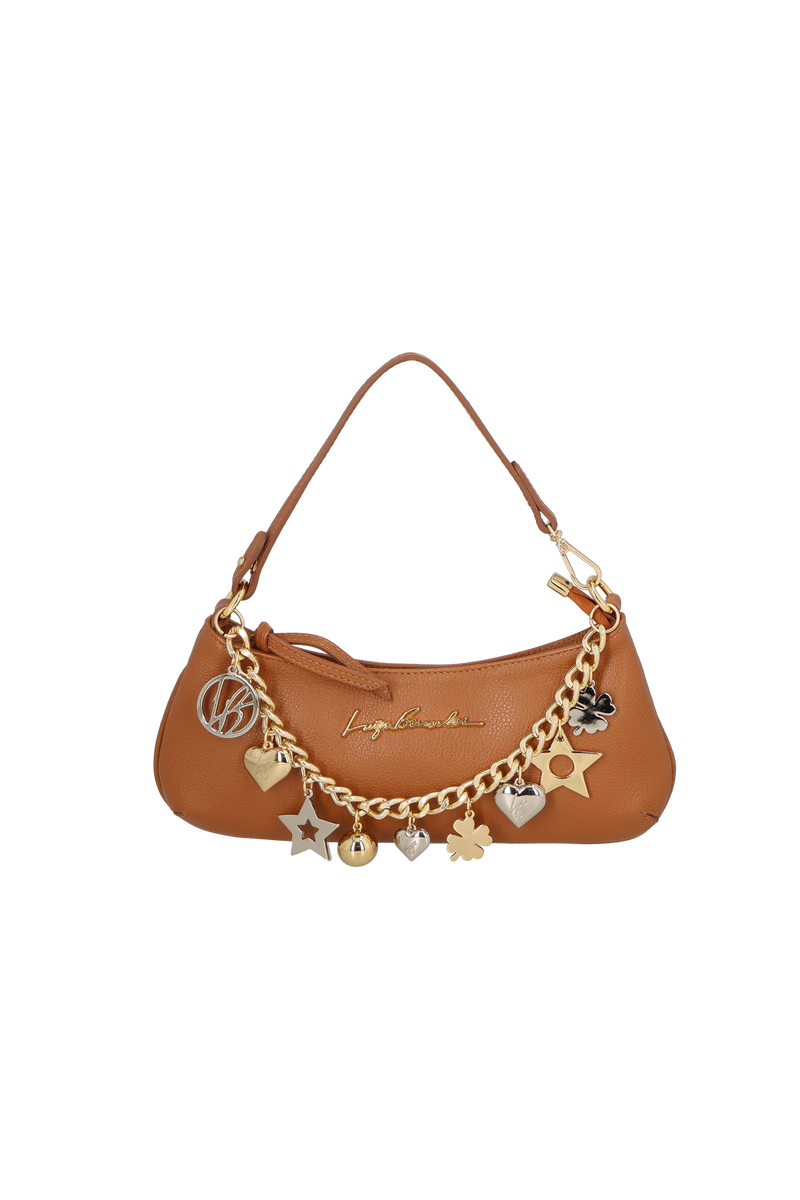 BOLSA PEQUENA CHARMS EM COURO CARAMELO