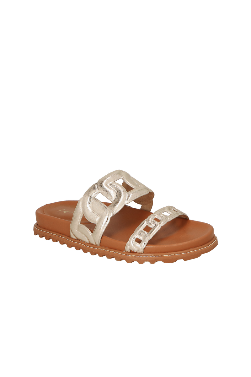 RASTEIRA SLIDE TRATORADA EM COURO METALIZADO DOURADA