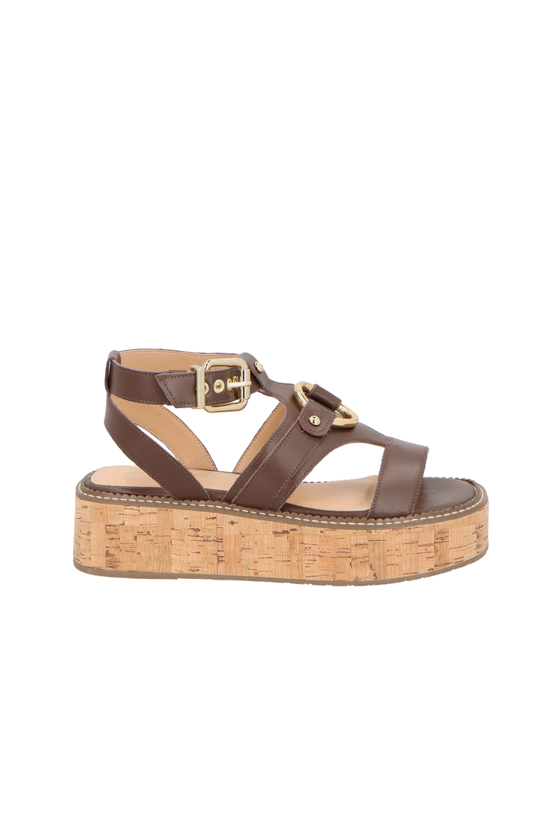 SANDÁLIA PLATAFORMA FLAT EM COURO CAFÉ E SALTO DE CORTIÇA