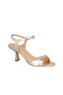 SANDÁLIA SALTO MÉDIO METALIZADA DOURADA E FIVELA CRISTAL