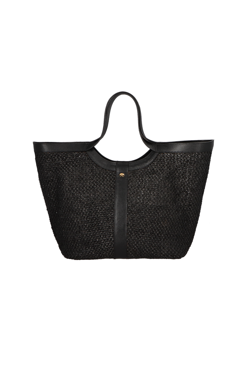 BOLSA SHOPPING GRANDE EM COURO E RÁFIA PRETO