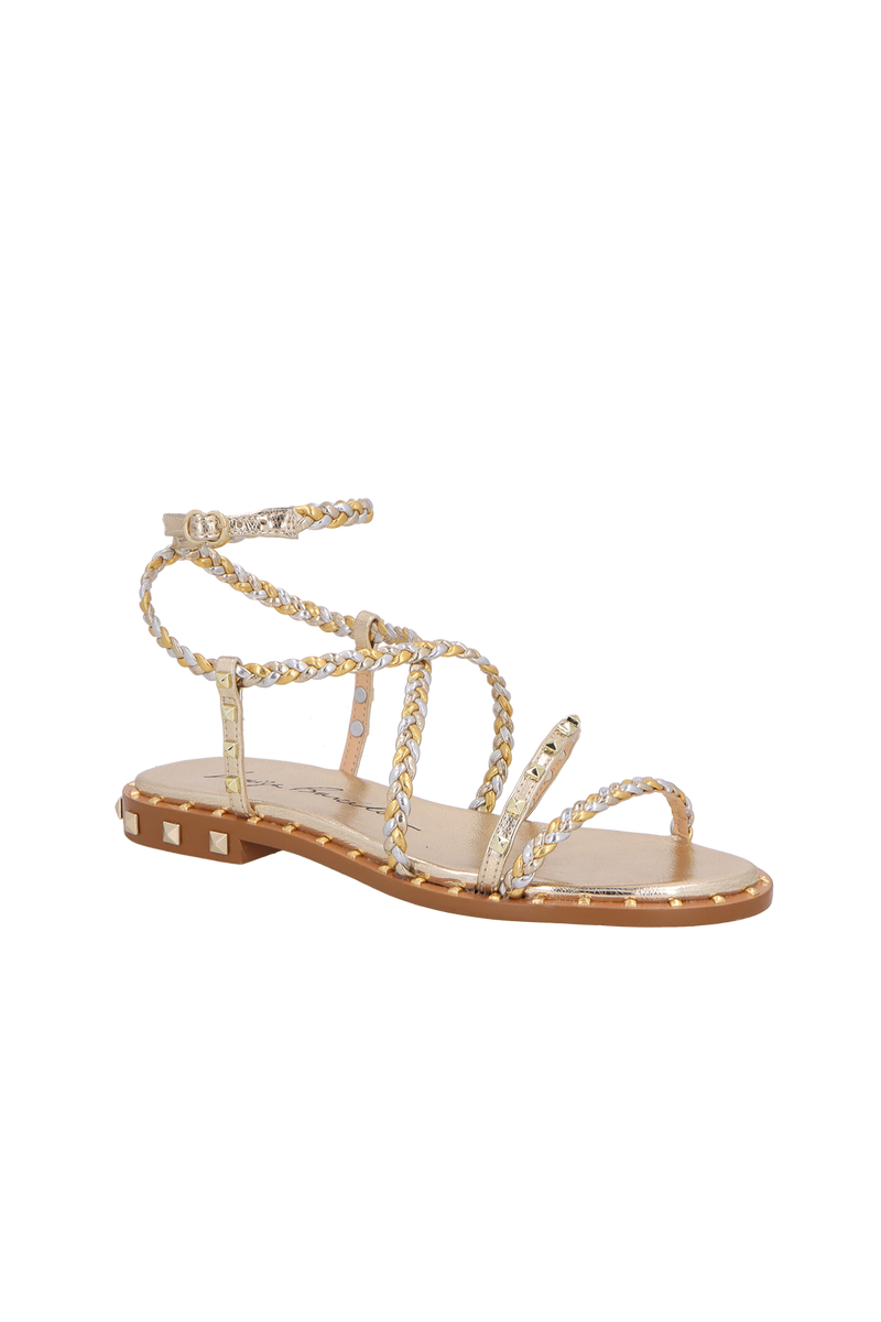 SANDÁLIA RASTEIRA METALIZADO OURO COM TRANÇAS E TACHAS