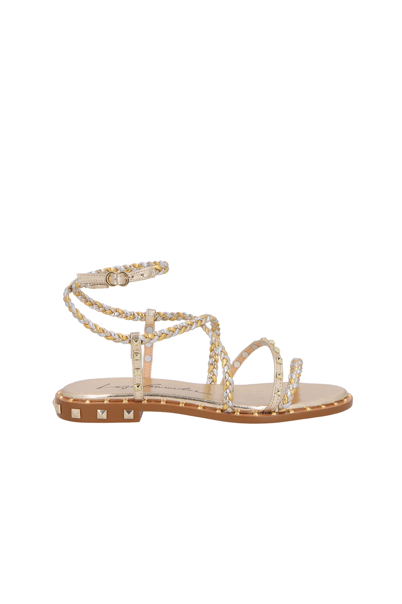SANDÁLIA RASTEIRA METALIZADO OURO COM TRANÇAS E TACHAS