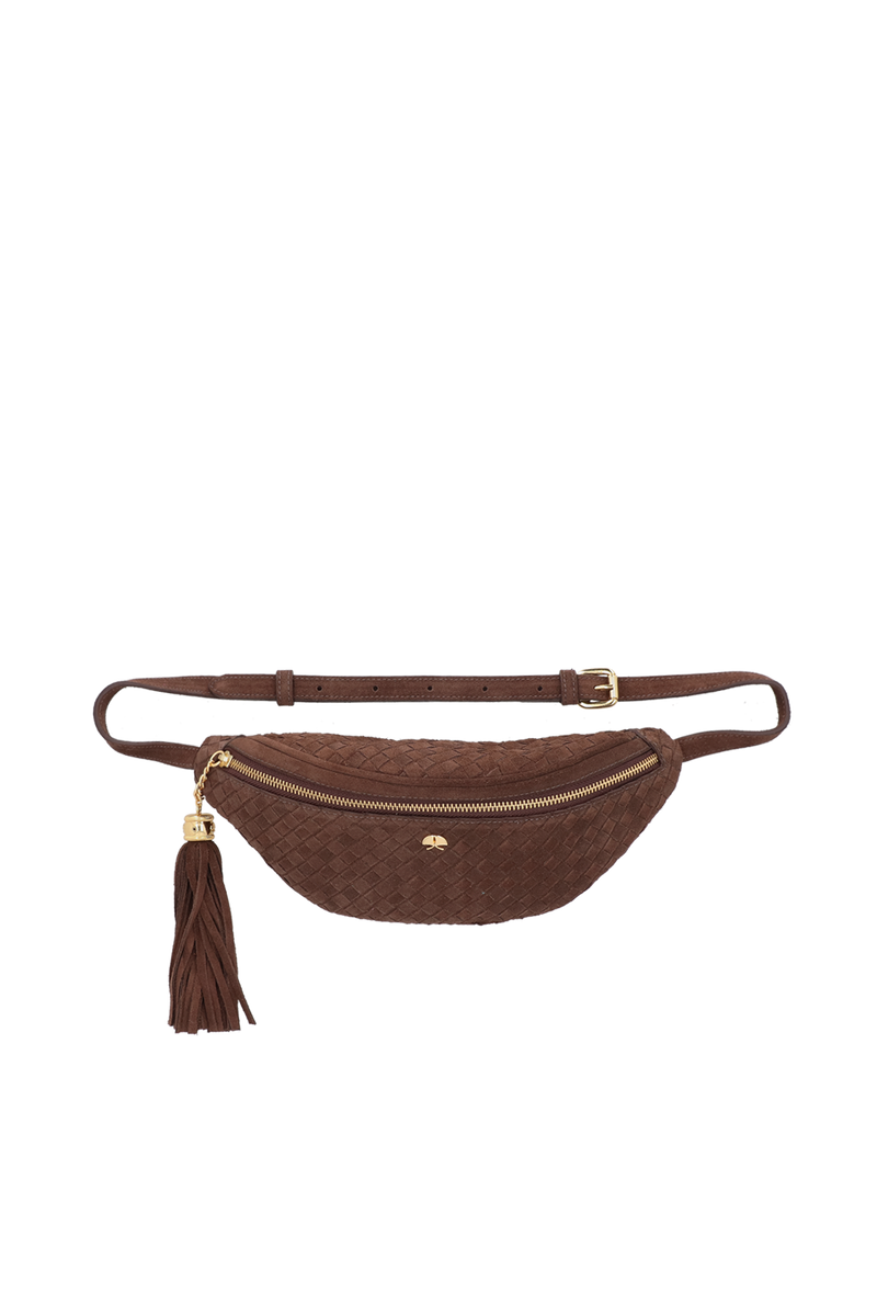 BOLSA PEQUENA EM CAMURÇA MARROM CAFÉ TRESSÊ COM BARBICACHO