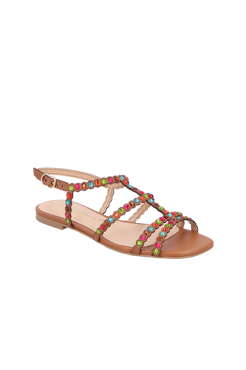 SANDÁLIA RASTEIRA DE TIRAS EM COURO CARAMELO COM PEDRAS MULTICOLORIDAS