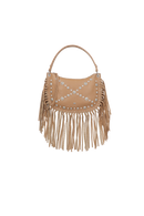 BOLSA MÉDIA EM COURO BEGE ARGILA COM FRANJAS E APLICAÇÕES METÁLICAS