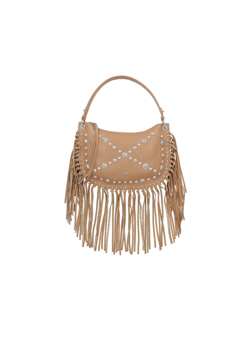 BOLSA MÉDIA EM COURO BEGE ARGILA COM FRANJAS E APLICAÇÕES METÁLICAS
