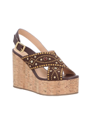 SANDÁLIA PLATAFORMA EM CAMURÇA MARROM CAFÉ COM APLICAÇÕES METÁLICAS