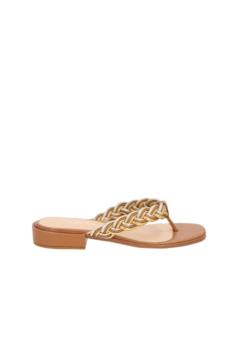 SANDÁLIA RASTEIRA EM COURO CARAMELO COM TIRAS TRAMADAS