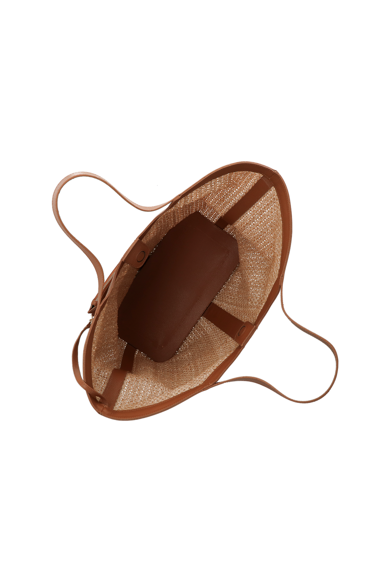 BOLSA SHOPPING GRANDE EM COURO CARAMELO E RÁFIA