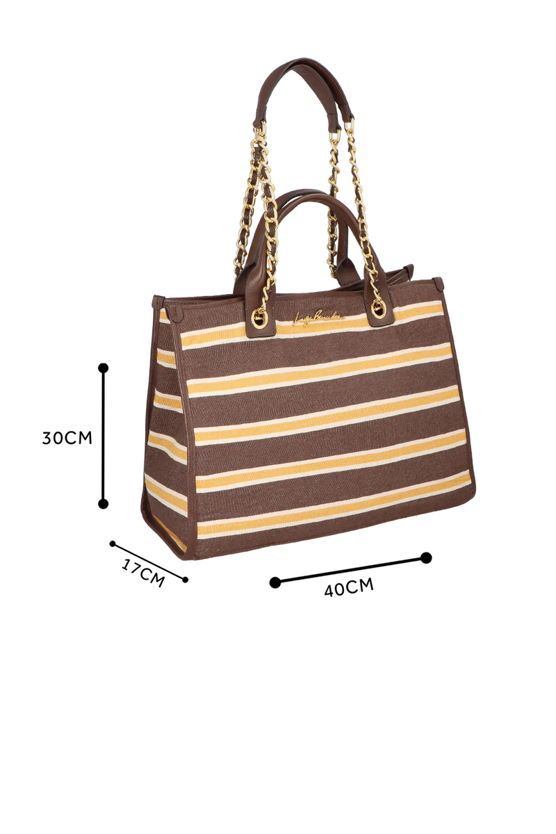 MAXI BOLSA LISTRADA MARROM E AMARELO COM ALÇAS DE CORRENTE