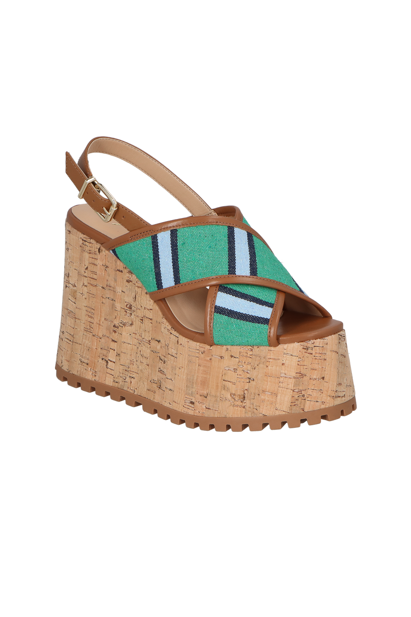 SANDÁLIA PLATAFORMA COM TIRA CRUZADA LISTRADA VERDE E AZUL