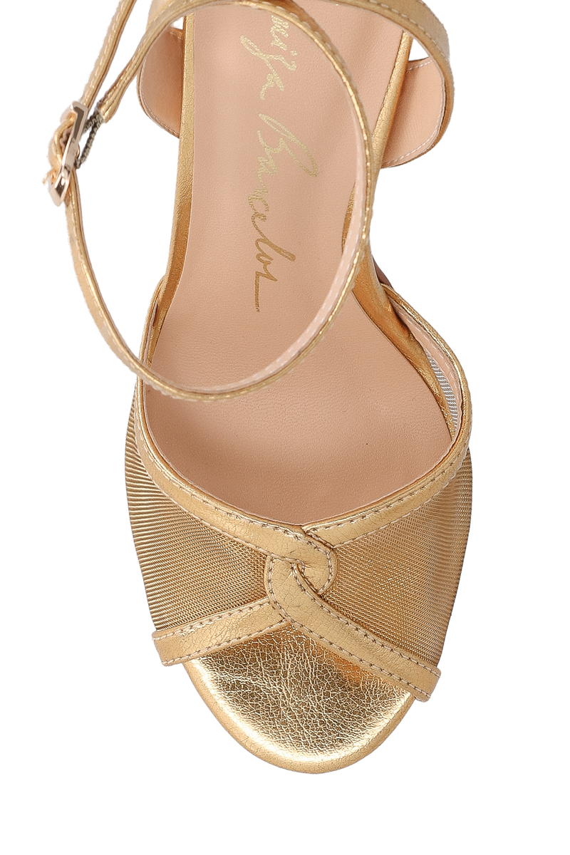 SANDÁLIA DE SALTO ALTO FLARE METALIZADA COM TELA OURO