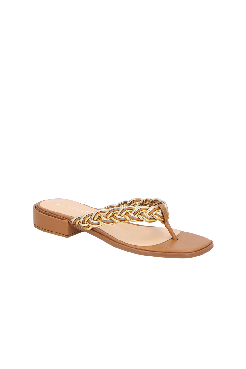 SANDÁLIA RASTEIRA EM COURO CARAMELO COM TIRAS TRAMADAS