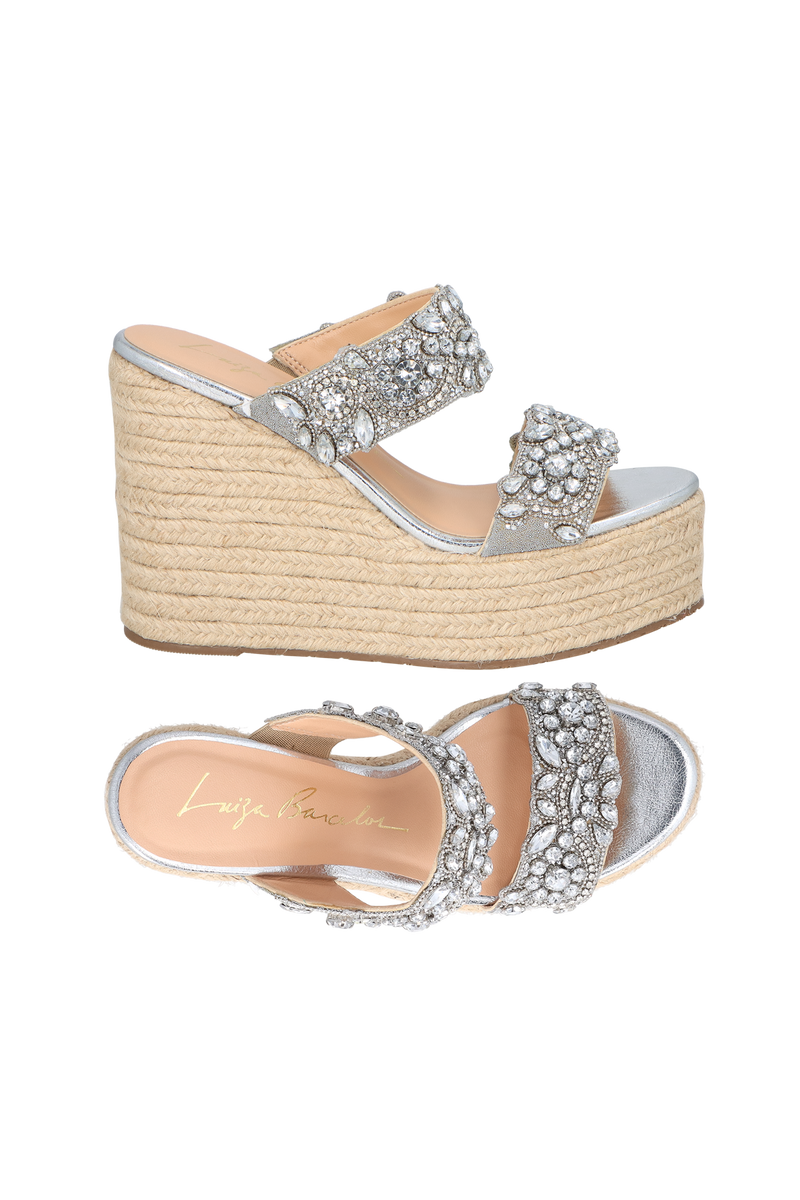SANDÁLIA ANABELA COM PEDRARIA CRISTAL E JUTA