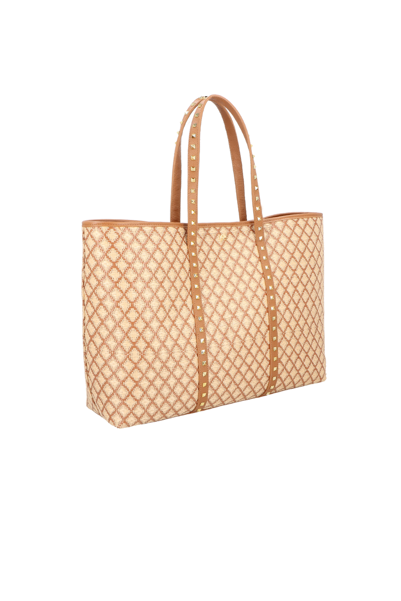 BOLSA SHOPPING GRANDE EM COURO CARAMELO E PALHA COM REBITES