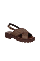 SANDÁLIA TRATORADA EM RÁFIA E COURO MARROM CAFÉ COM FIVELA