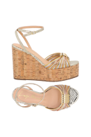 SANDÁLIA PLATAFORMA EM COURO DOURADO COM SOLADO EM CORTIÇA E ENFEITE METÁLICO